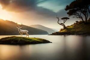 a deer stands on a rock in front of a lake at sunset. AI-Generated photo