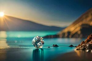 a diamond sits on the beach at sunset. AI-Generated photo