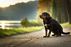 a dog sitting on the side of a road near a lake. AI-Generated photo