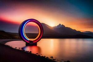 a colorful ring is sitting on the shore of a lake. AI-Generated photo