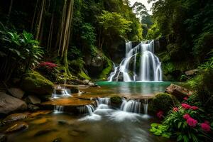 beautiful waterfall in the jungle with flowers and trees. AI-Generated photo