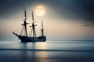 a sailing ship in the ocean with a full moon. AI-Generated photo