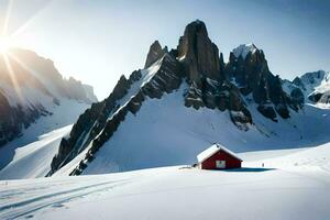 a red house sits on top of a snowy mountain. AI-Generated photo