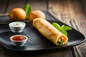 a plate with a spring roll and sauce. AI-Generated photo