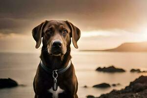 un marrón perro sentado en el playa a puesta de sol. generado por ai foto