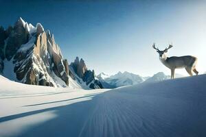 a deer stands in the snow in front of mountains. AI-Generated photo