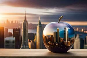 an apple with a cityscape in the background. AI-Generated photo