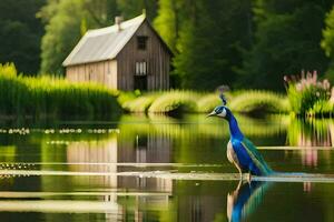 a peacock stands in the water near a house. AI-Generated photo