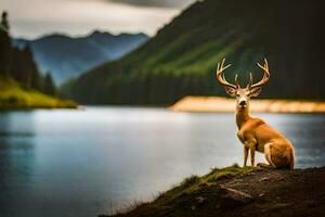 a deer sits on the edge of a lake. AI-Generated photo