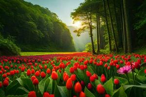 un campo de rojo tulipanes en el medio de un bosque. generado por ai foto