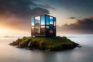 un pequeño casa en un isla con un puesta de sol. generado por ai foto