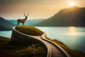 a deer stands on a ramp overlooking a lake. AI-Generated photo