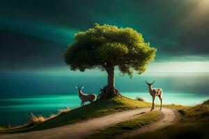two deer standing under a tree in front of the ocean. AI-Generated photo