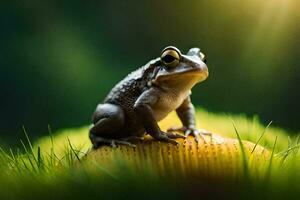 a frog sitting on top of a green grassy field. AI-Generated photo