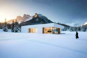 un blanco casa en el nieve con montañas en el antecedentes. generado por ai foto