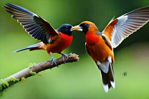 dos aves son sentado en un rama con su alas desparramar. generado por ai foto