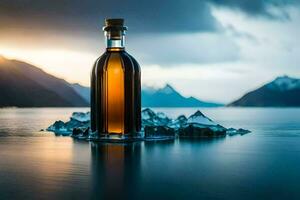 un botella de whisky se sienta en hielo en el medio de un lago. generado por ai foto