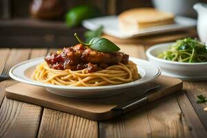a plate of spaghetti with meat and sauce on it. AI-Generated photo