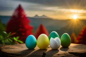 easter eggs on a stump. AI-Generated photo