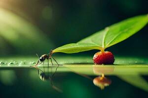 a small ant is standing on a leaf with a red berry. AI-Generated photo