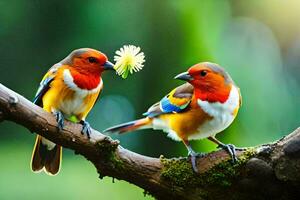 two colorful birds sitting on a branch with a flower. AI-Generated photo