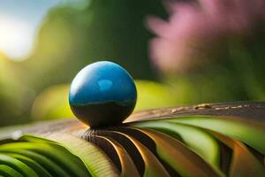 a blue egg sitting on top of a leaf. AI-Generated photo