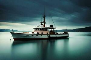 un barco es flotante en el agua debajo un oscuro cielo. generado por ai foto