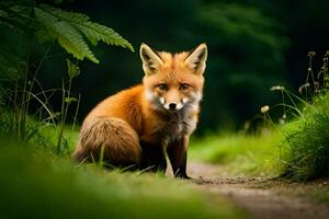 a fox sitting on the ground in the middle of a green field. AI-Generated photo