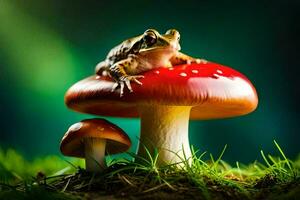 a frog sits on top of a mushroom. AI-Generated photo