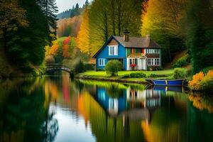 colorful house on the river with colorful trees. AI-Generated photo