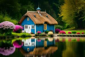 blue cottage by the lake. AI-Generated photo
