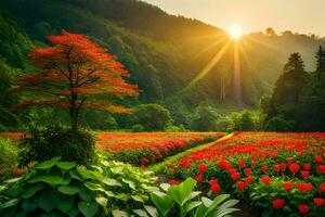 the sun shines over a field of red tulips. AI-Generated photo