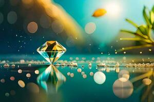 a diamond is sitting on the water with a green plant. AI-Generated photo