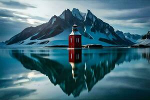 a red lighthouse sits on the shore of a lake. AI-Generated photo