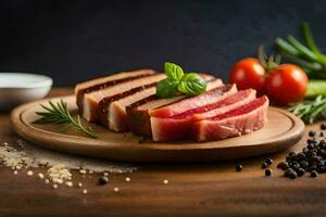 sliced meat on a wooden cutting board with herbs. AI-Generated photo