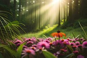 flores en el bosque. generado por ai foto