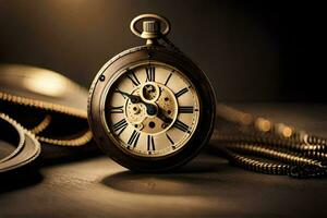 an old pocket watch with a chain and a chain. AI-Generated photo