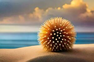 a sea urchin on the beach with a sunset in the background. AI-Generated photo