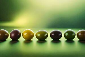 un fila de verde aceitunas en un verde antecedentes. generado por ai foto