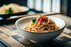 a bowl of noodles with vegetables and chopsticks. AI-Generated photo