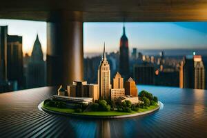 a miniature city is sitting on top of a table. AI-Generated photo