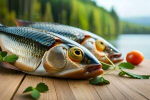 two fish on a wooden table with leaves. AI-Generated photo