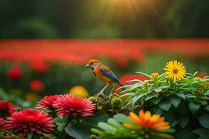 a bird is perched on a flower in front of a bright sun. AI-Generated photo