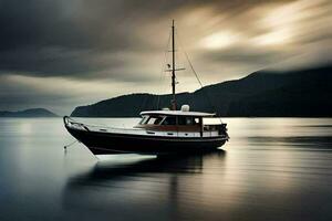 a boat is floating in the water under a cloudy sky. AI-Generated photo