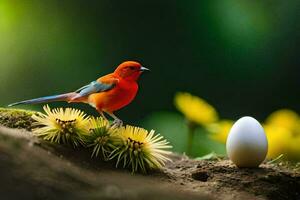 a bird is standing on a rock next to an egg. AI-Generated photo