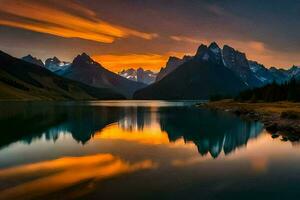 el montañas son reflejado en el agua a puesta de sol. generado por ai foto