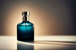 a blue bottle of perfume sitting on a table. AI-Generated photo