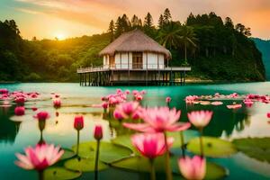 lotus flowers in the water at sunset. AI-Generated photo