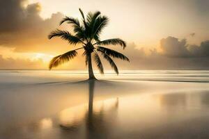 a palm tree stands on the beach at sunset. AI-Generated photo