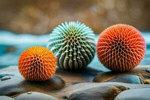 three colorful spheres sitting on top of rocks. AI-Generated photo